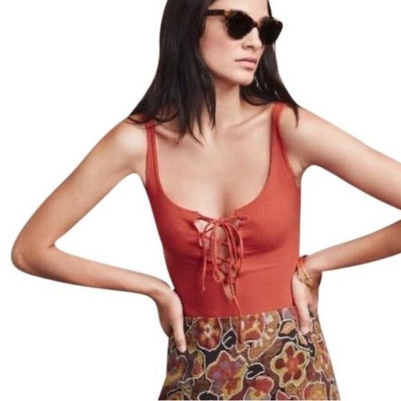 Reformation Selena Ribbed Lace Up Bodysuit in Scarlet | Small - Picture 2 of 8